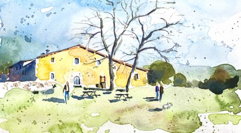 Aquarel·la amb una vista de la masia de Can Vilallonga.