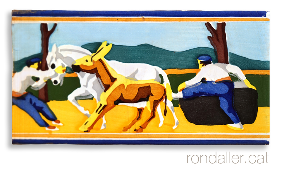Brancal de Xulilla amb dos ramaders empenyent una parella un cavall i un ase.