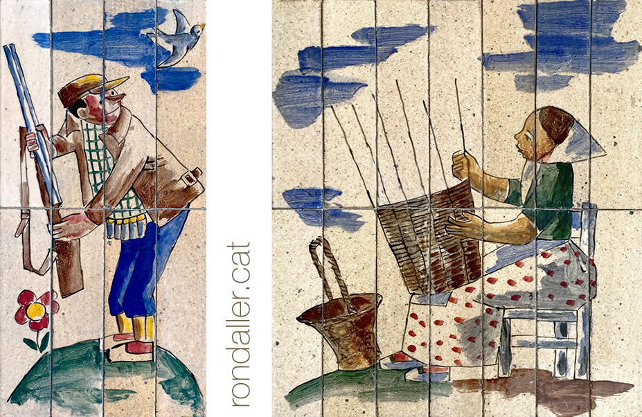 Mosaic d'Anton Roca. Representacions d'un caçador i d'una cistellera.