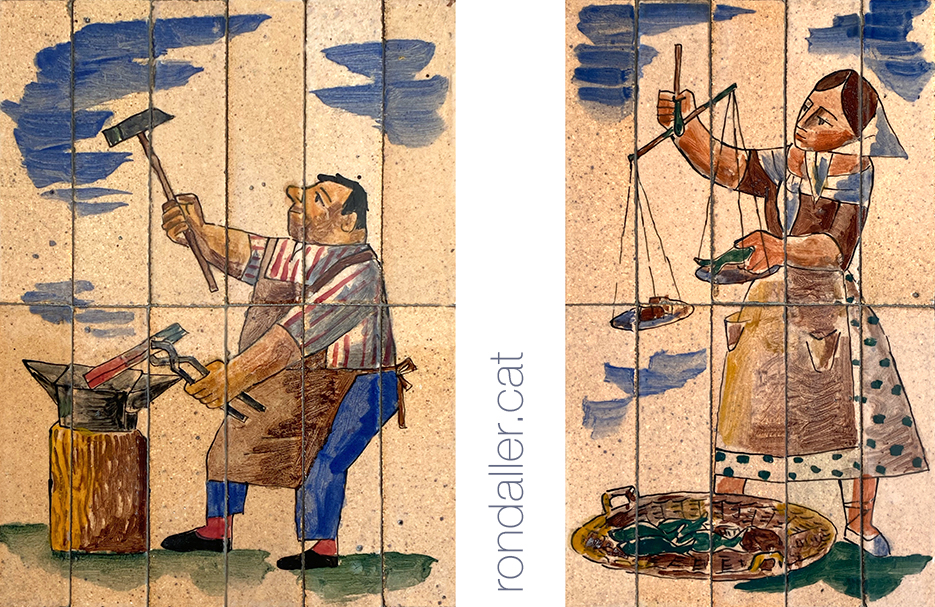 Mosaic d'Anton Roca. Representacions d'un ferrer i d'una peixatera.