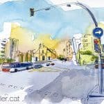 Aquarel·la amb una panoràmica de la plaça de Lesseps de Barcelona.