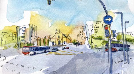 Aquarel·la amb una panoràmica de la plaça de Lesseps de Barcelona.