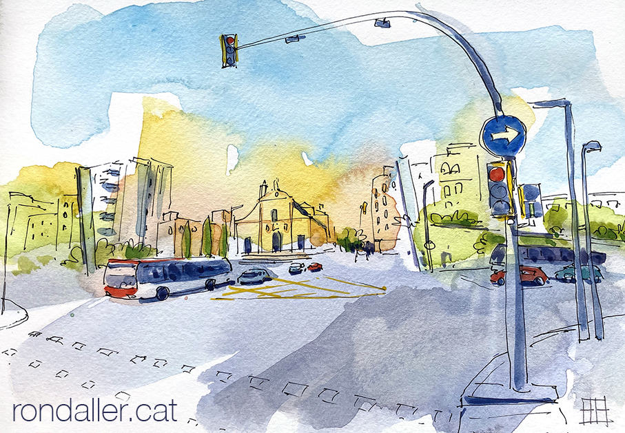 Aquarel·la amb una panoràmica de la plaça de Lesseps de Barcelona.