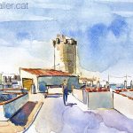 Aquarel·la amb una panoràmica de la torre i les coves de la ciutat.