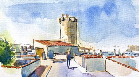 Aquarel·la amb una panoràmica de la torre i les coves de la ciutat.