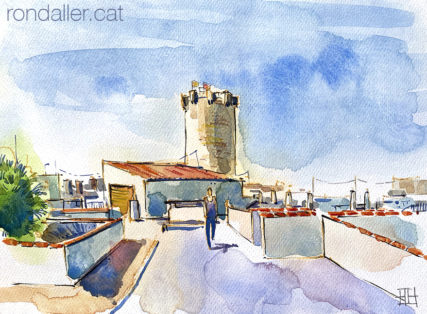 Aquarel·la amb una panoràmica de la torre i les coves de la ciutat.