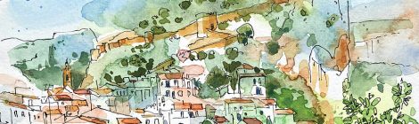 Aquarel·la amb una panoràmica de la població de Xulilla.