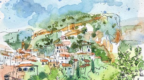 Aquarel·la amb una panoràmica de la població de Xulilla.