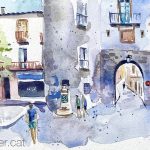 Aquarel·la amb una vista de la Porta de França i la font Vilanova de Ceret.