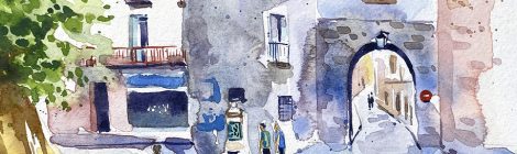 Aquarel·la amb una vista de la Porta de França i la font Vilanova de Ceret.