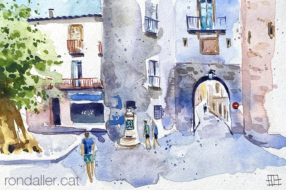 Aquarel·la amb una vista de la Porta de França i la font Vilanova de Ceret.