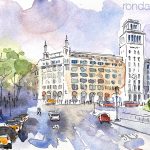 Aquarel·la amb una panoràmica de la plaça de Catalunya amb la casa Pich i Pon.