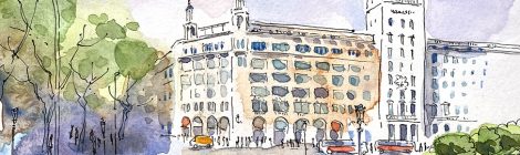 Aquarel·la amb una panoràmica de la plaça de Catalunya amb la casa Pich i Pon.