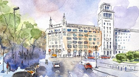 Aquarel·la amb una panoràmica de la plaça de Catalunya amb la casa Pich i Pon.