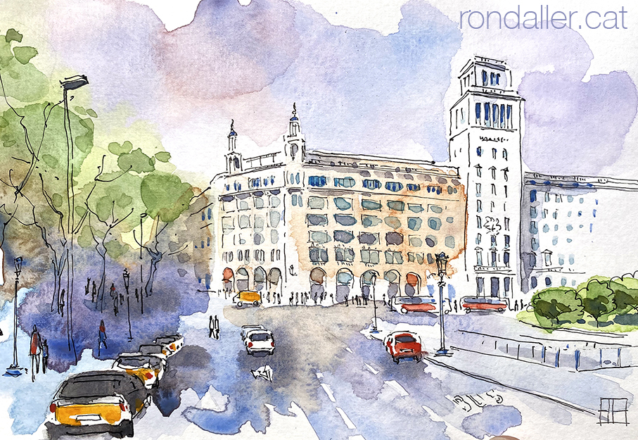 Aquarel·la amb una panoràmica de la plaça de Catalunya amb la casa Pich i Pon.