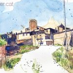 Aquarel·la amb una vista de la vila closa de l'Aranyó.