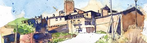 Aquarel·la amb una vista de la vila closa de l'Aranyó.