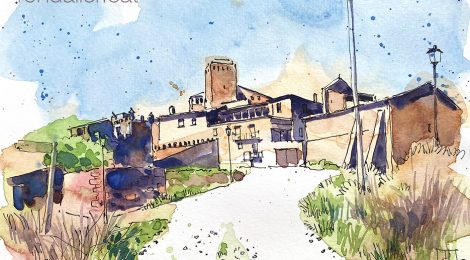 Aquarel·la amb una vista de la vila closa de l'Aranyó.