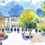 Aquarel·la amb una vista de la plaça del Mercadal de Balaguer.