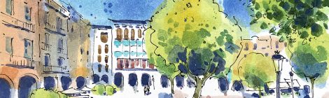 Aquarel·la amb una vista de la plaça del Mercadal de Balaguer.