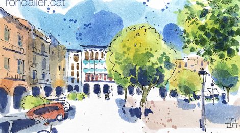 Aquarel·la amb una vista de la plaça del Mercadal de Balaguer.