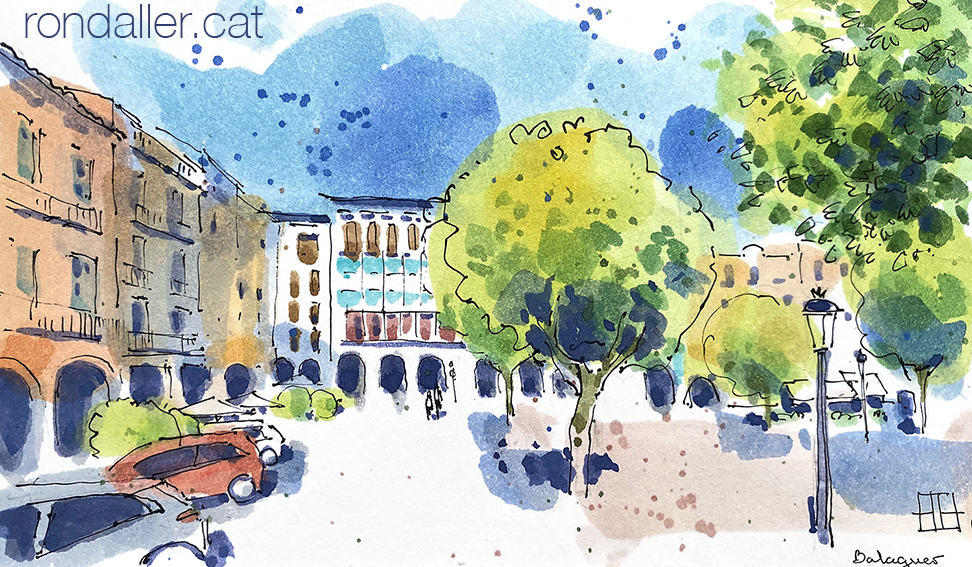 Aquarel·la amb una vista de la plaça del Mercadal de Balaguer.