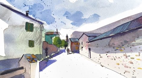 Aquarel·la amb una vista d'un carrer de la població de Das.