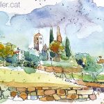 Aquarel·la amb una vista de l'església de Sant Pere de Llorà.