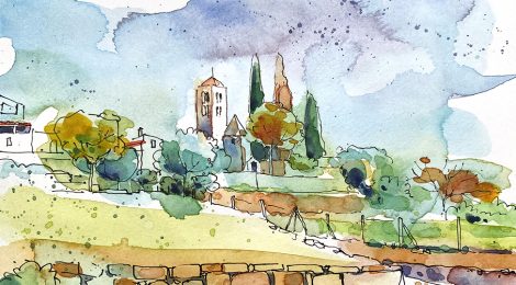 Aquarel·la amb una vista de l'església de Sant Pere de Llorà.