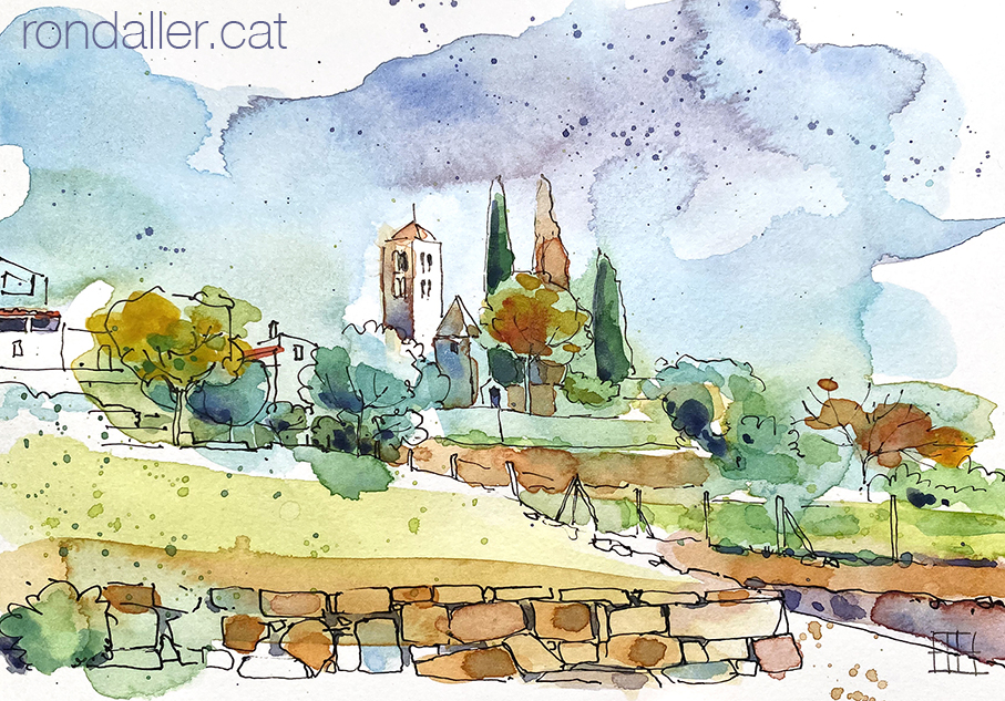 Aquarel·la amb una vista de l'església de Sant Pere de Llorà.