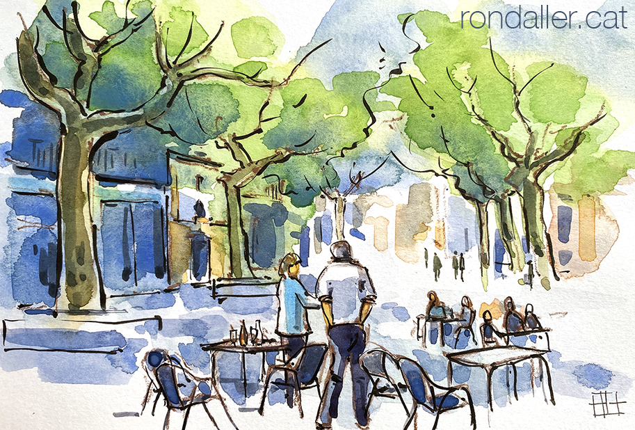 Aquarel·la amb una vista de la plaça Major de Mollerussa.