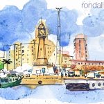 Aquarel·la del port de Barcelona, amb l'antic far.