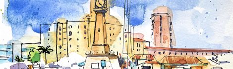 Aquarel·la del port de Barcelona, amb l'antic far.