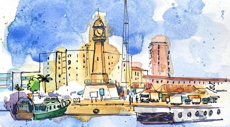 Aquarel·la del port de Barcelona, amb l'antic far.