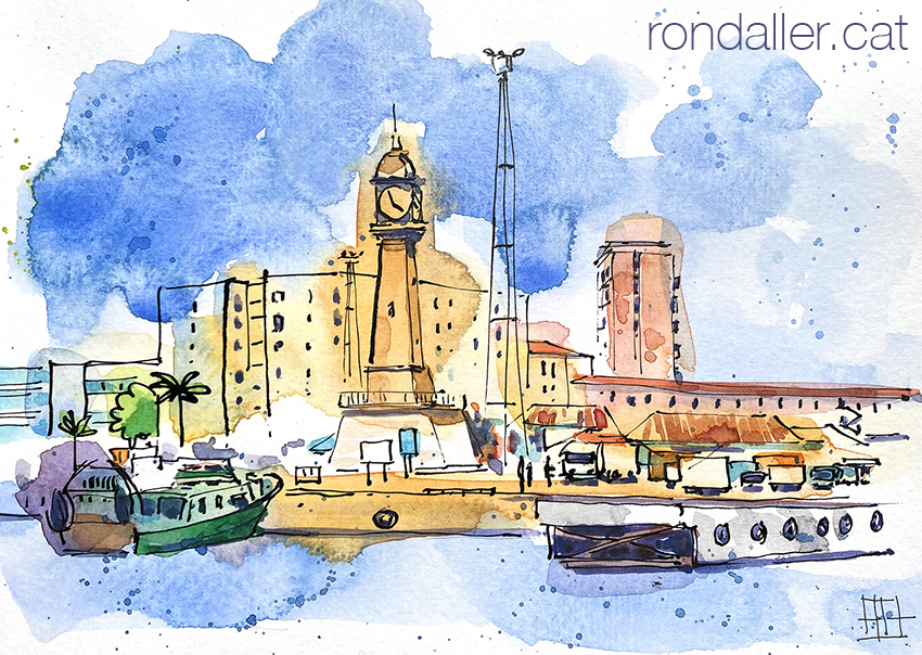 Aquarel·la del port de Barcelona, amb l'antic far.