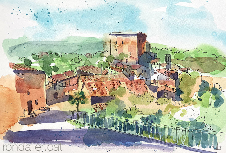 Aquarel·la amb una panoràmica de la població de Rajadell.