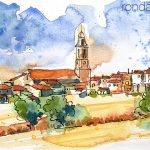 Aquarel·la amb una panoràmica de la població de Rocafort de Queralt.