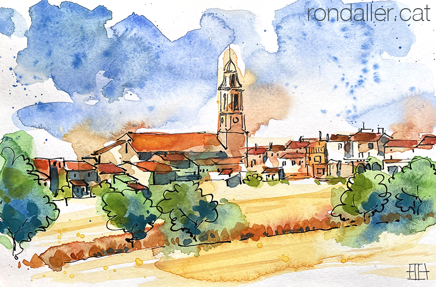 Aquarel·la amb una panoràmica de la població de Rocafort de Queralt.