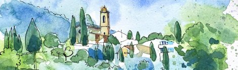 Aquarel·la amb una panoràmica del nucli antic de Samalús.