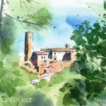 Aquarel·la amb una panoràmica del castell i l'església de Fals.