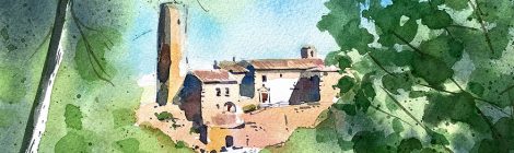 Aquarel·la amb una panoràmica del castell i l'església de Fals.