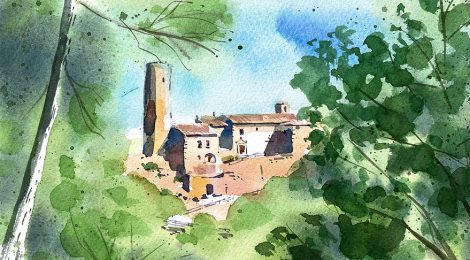 Aquarel·la amb una panoràmica del castell i l'església de Fals.