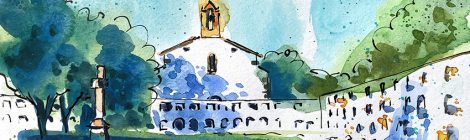 Aquarel·la amb una vista del cementiri i la capella de Sant Sebastià.