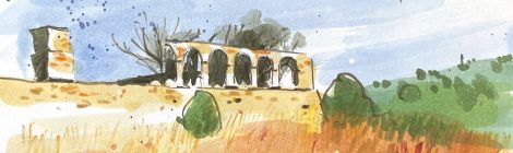 Aquarel·la amb una vista de les ruïnes de Ca l'Alemany a Badalona.