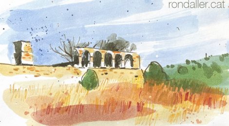 Aquarel·la amb una vista de les ruïnes de Ca l'Alemany a Badalona.