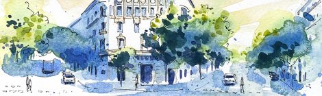 Aquarel·la amb una vista de la casa Antoni Roger de Barcelona.