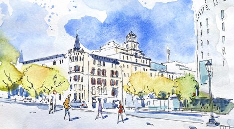 Aquarel·la amb una vista de la ronda de Sant Pere de Barcelona.