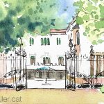 Aquarel·la amb una vista del jardí de la mansió.