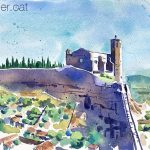 Aquarel·la amb una panoràmica de la muralla i l'església de Santa Maria de Balaguer.