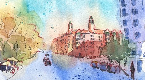 Aquarel·la amb una panoràmica de la Finca Roja de València.